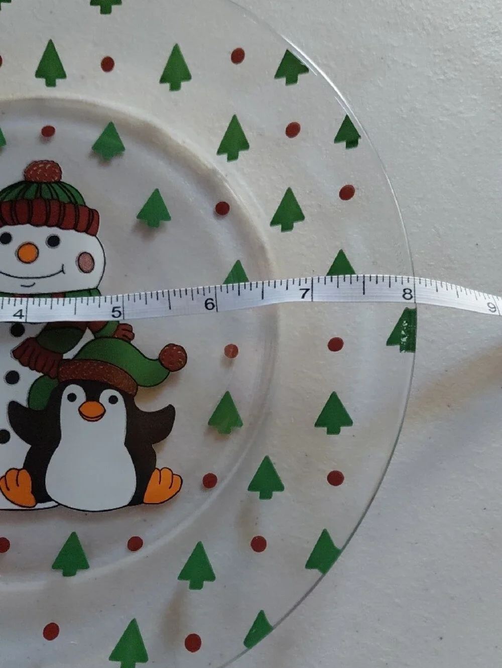 Arcoroc France Snowman & Penguin Glass Plate - Red, Green, Clear